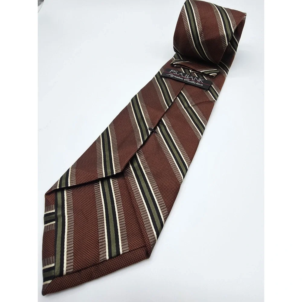 Joseph A Bank Silk Stripped Tie Olive Brown Black Necktie 3.4